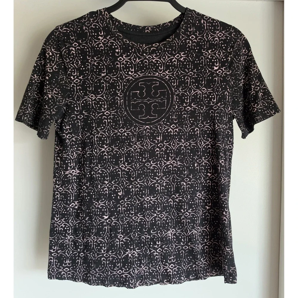 Tory Burch T-Shirt XS Black Pink Logo Print 100% Pima Cotton Short Sleeve Tee